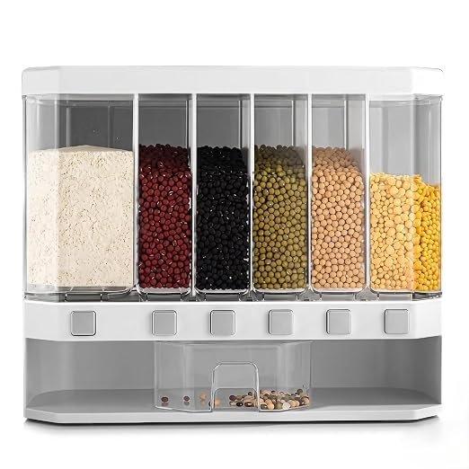 6 Compartment Wall Mount Cereal Dispenser with Measuring Cup &amp;amp; Lid Air Tight Dry Food