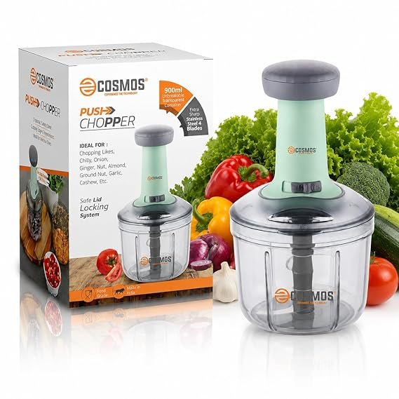 Food Chopper 900ml, 4 Blade Steel Large Manual Hand-Press Vegetable Chopper Mixer Cutter to Cut Onion, Salad, Tomato, Potato