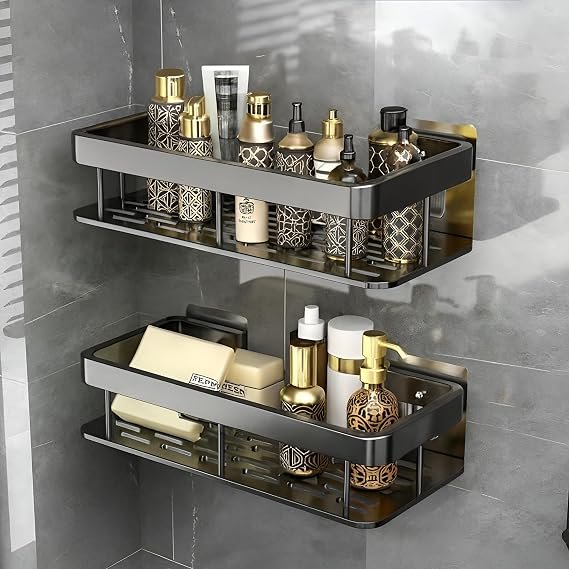 Misamo Enterprise Bathroom Shelf Organiser Without Drill, Black, Pack of 2