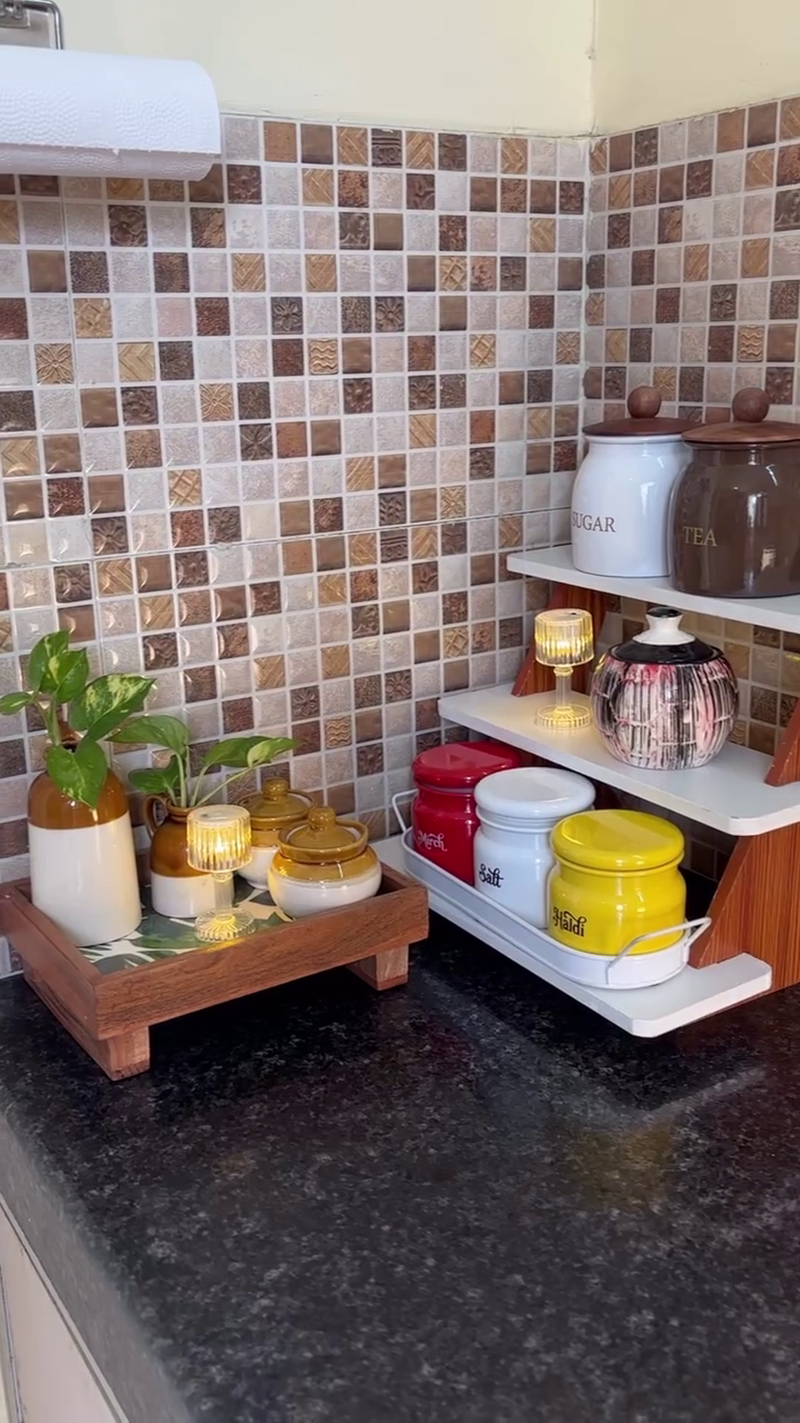 Metal &amp;amp; Wooden Spice Rack Organizer Space Saver Counter-top Storage for Kitchen