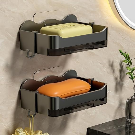 MorivaHomes Self-Adhseive Bathroom Soap Holder with Drainage Tray Wall Mounted Soap Sponge Holder Organizer Accessories
